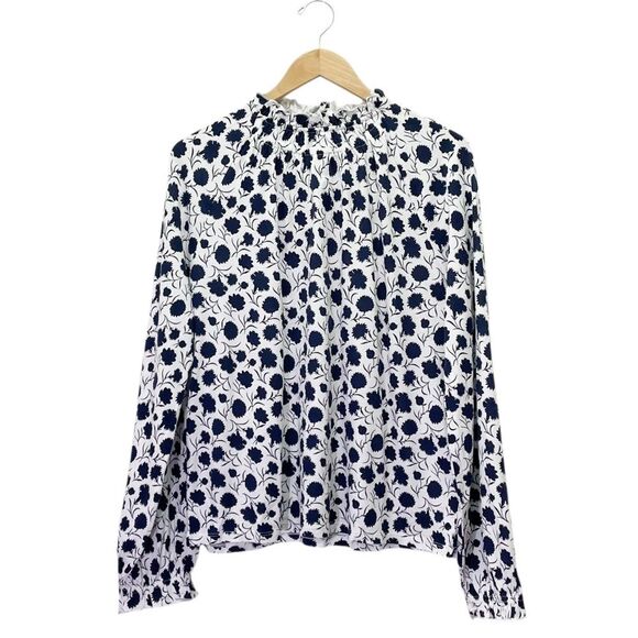 NWT Boden Ruffle Neck Floral Blouse Navy Ivory Print US 16/18 UK 20 Long Sleeve - Picture 1 of 10